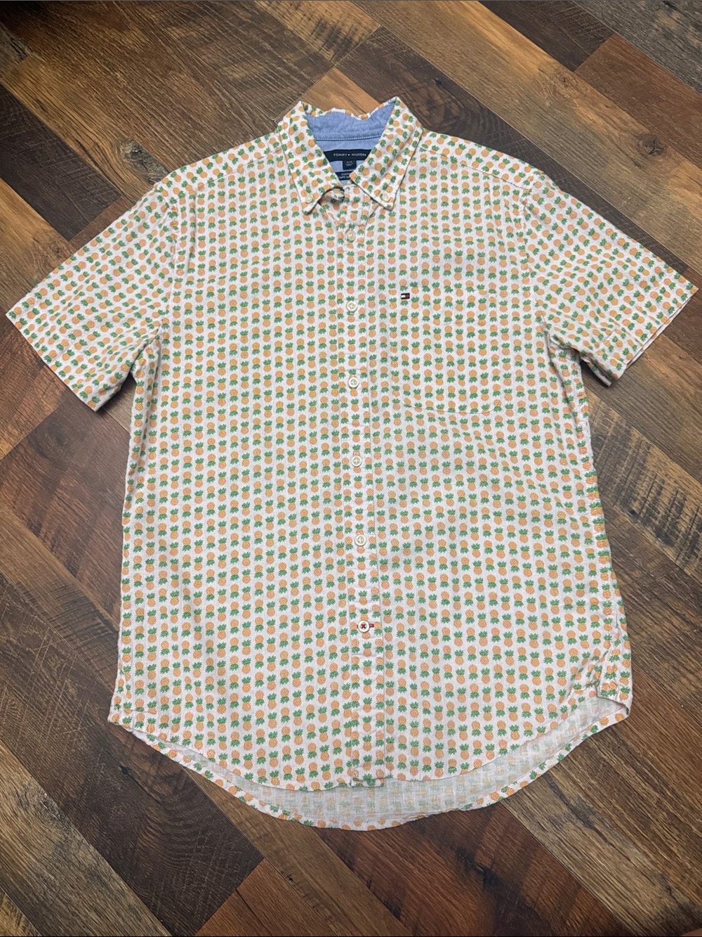 Tommy Hilfiger Pineapple Print Linen Blend Button Up Shirt Men’s Small